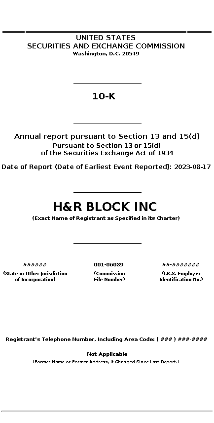 HRB : 10-K Annual report pursuant to Section 13 and 15(d)