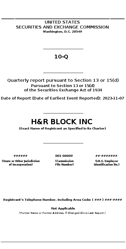 HRB : 10-Q Quarterly report pursuant to Section 13 or 15(d)