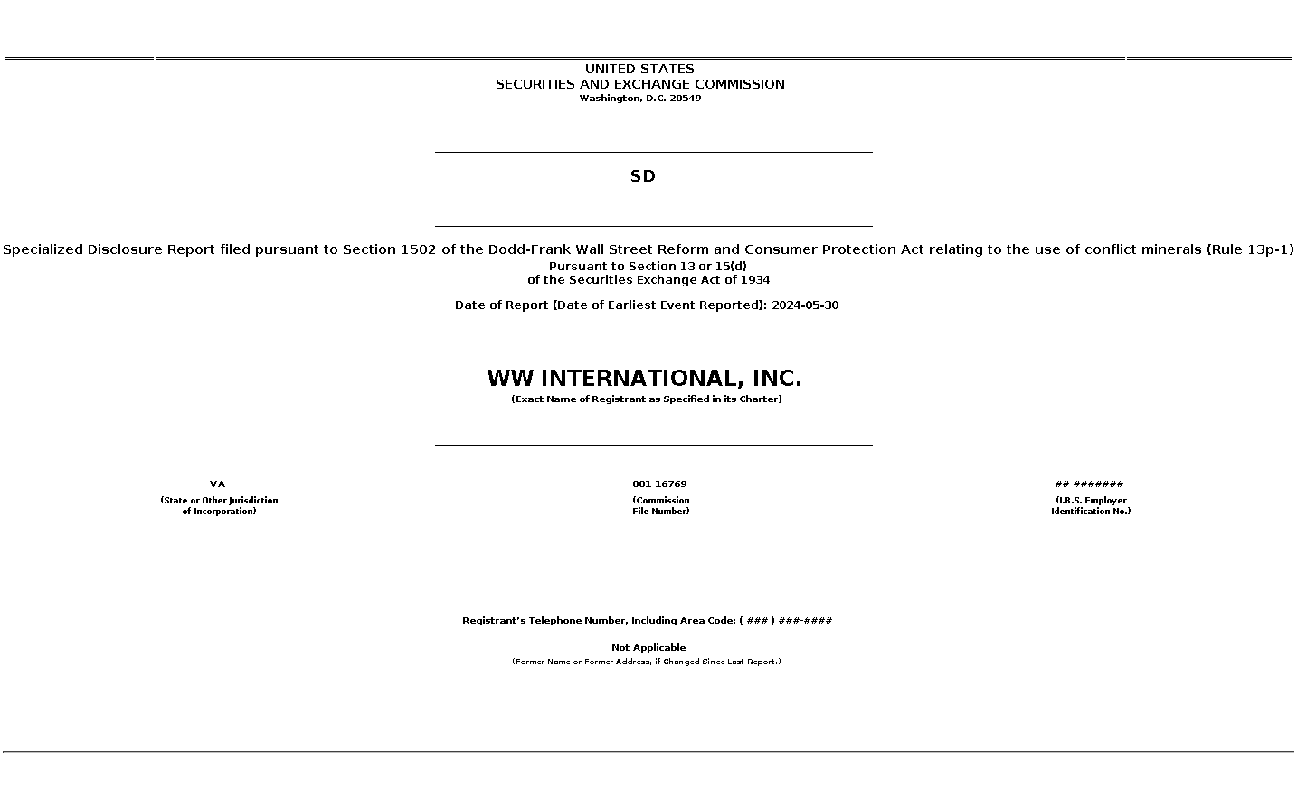 WW : SD Specialized Disclosure Report filed pursuant to Section 1502 of the Dodd-Frank Wall Street Reform and Consumer Protection Act relating to the use of conflict minerals (Rule 13p-1)