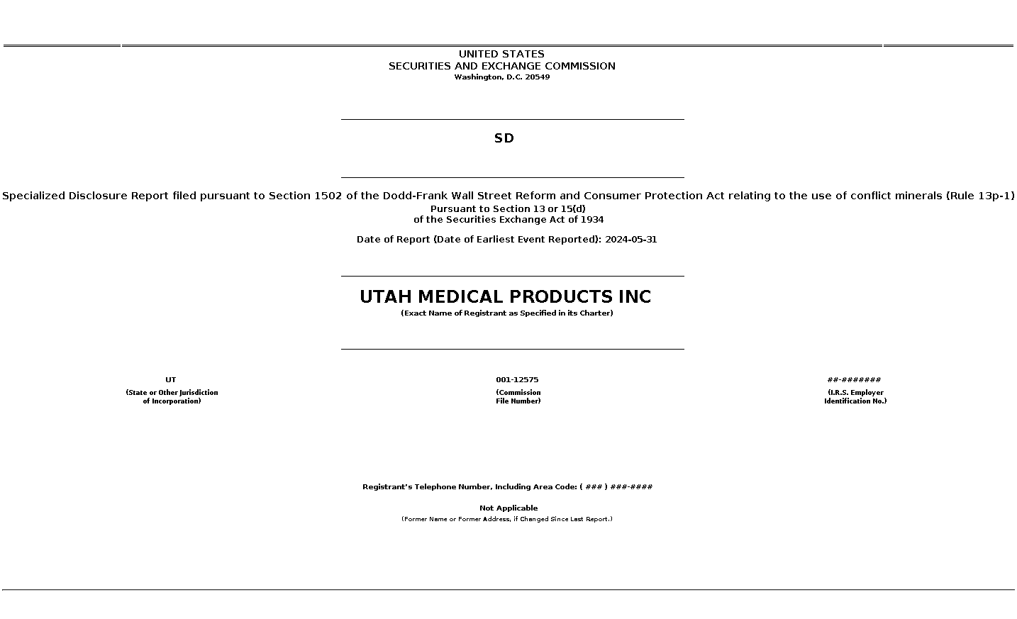 UTMD : SD Specialized Disclosure Report filed pursuant to Section 1502 of the Dodd-Frank Wall Street Reform and Consumer Protection Act relating to the use of conflict minerals (Rule 13p-1)