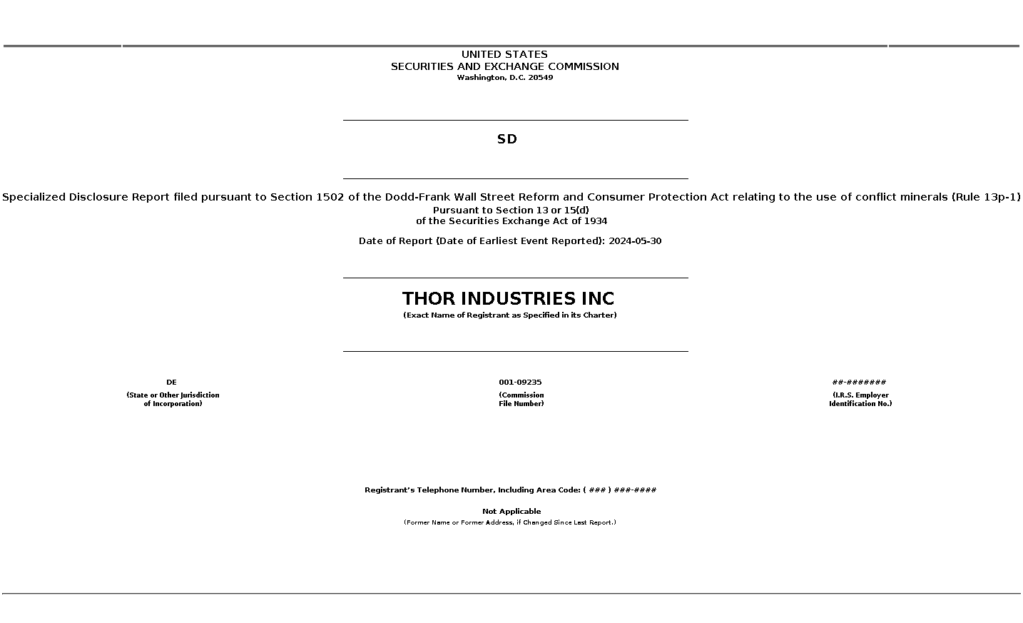 tho : SD Specialized Disclosure Report filed pursuant to Section 1502 of the Dodd-Frank Wall Street Reform and Consumer Protection Act relating to the use of conflict minerals (Rule 13p-1)