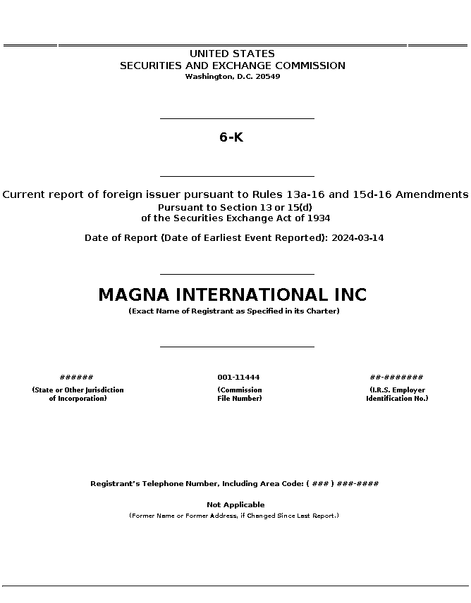 MGA : 6-K Current report of foreign issuer pursuant to Rules 13a-16 and 15d-16 Amendments