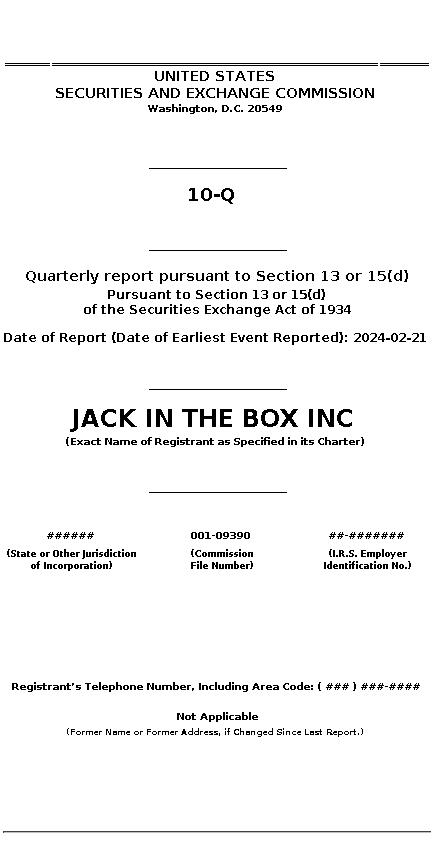JACK : 10-Q Quarterly report pursuant to Section 13 or 15(d)