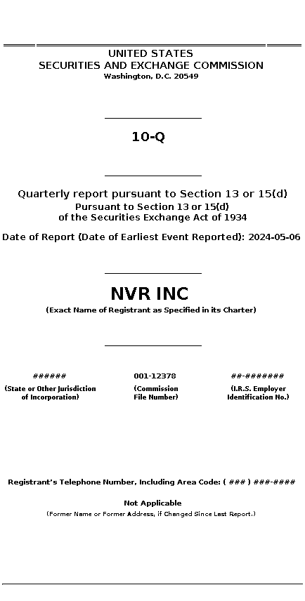 NVR : 10-Q Quarterly report pursuant to Section 13 or 15(d)