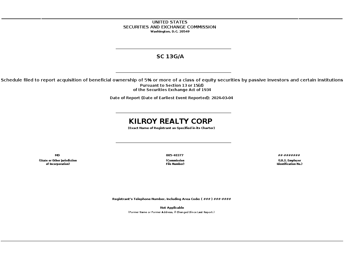 KRC : SC 13G/A Schedule filed to report acquisition of beneficial ownership of 5% or more of a class of equity securities by passive investors and certain institutions