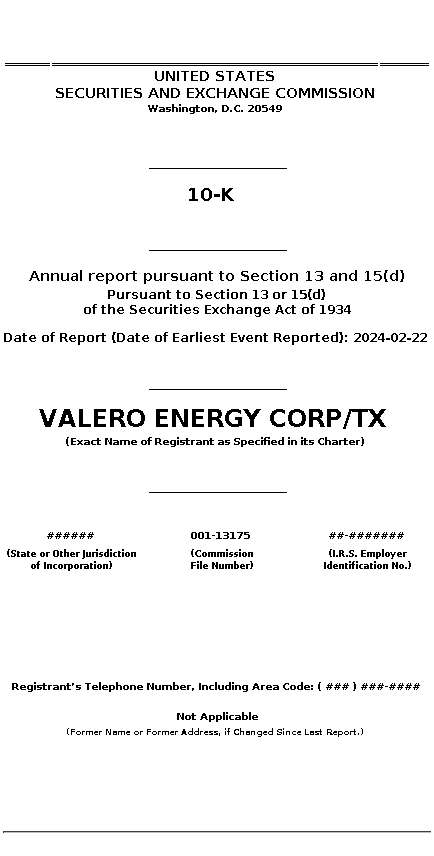 VLO : 10-K Annual report pursuant to Section 13 and 15(d)