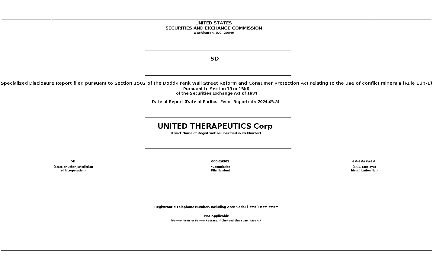 UTHR : SD Specialized Disclosure Report filed pursuant to Section 1502 of the Dodd-Frank Wall Street Reform and Consumer Protection Act relating to the use of conflict minerals (Rule 13p-1)