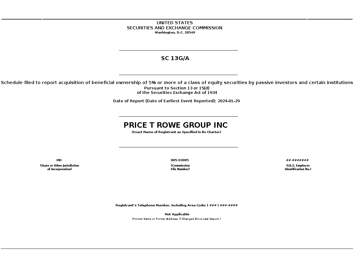 TROW : SC 13G/A Schedule filed to report acquisition of beneficial ownership of 5% or more of a class of equity securities by passive investors and certain institutions