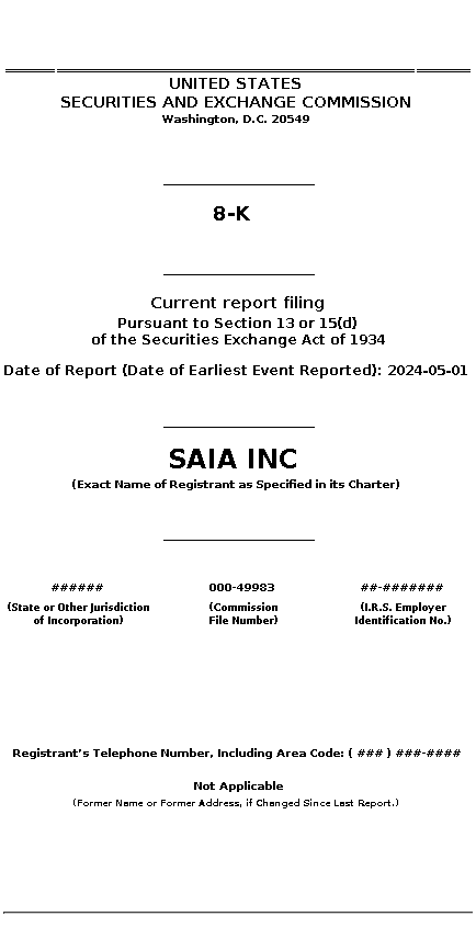 SAIA : 8-K Current report filing