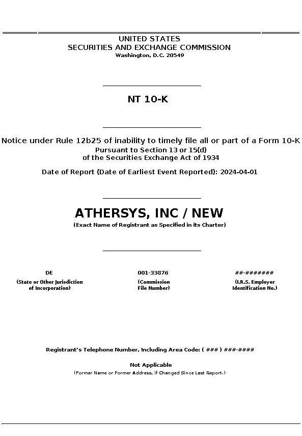ATHXQ : NT 10-K Notice under Rule 12b25 of inability to timely file all or part of a Form 10-K