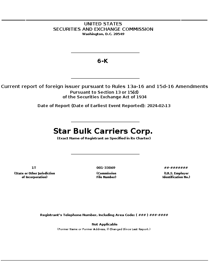 SBLK : 6-K Current report of foreign issuer pursuant to Rules 13a-16 and 15d-16 Amendments