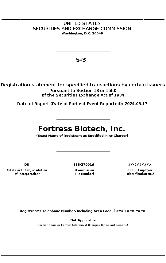 FBIO : S-3 Registration statement for specified transactions by certain issuers