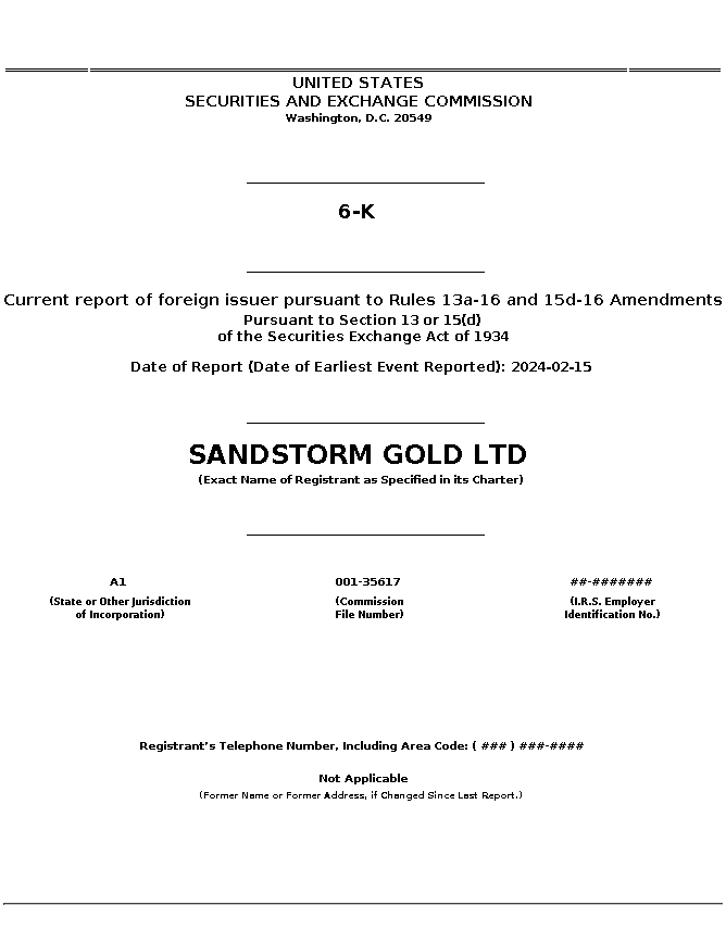 SAND : 6-K Current report of foreign issuer pursuant to Rules 13a-16 and 15d-16 Amendments