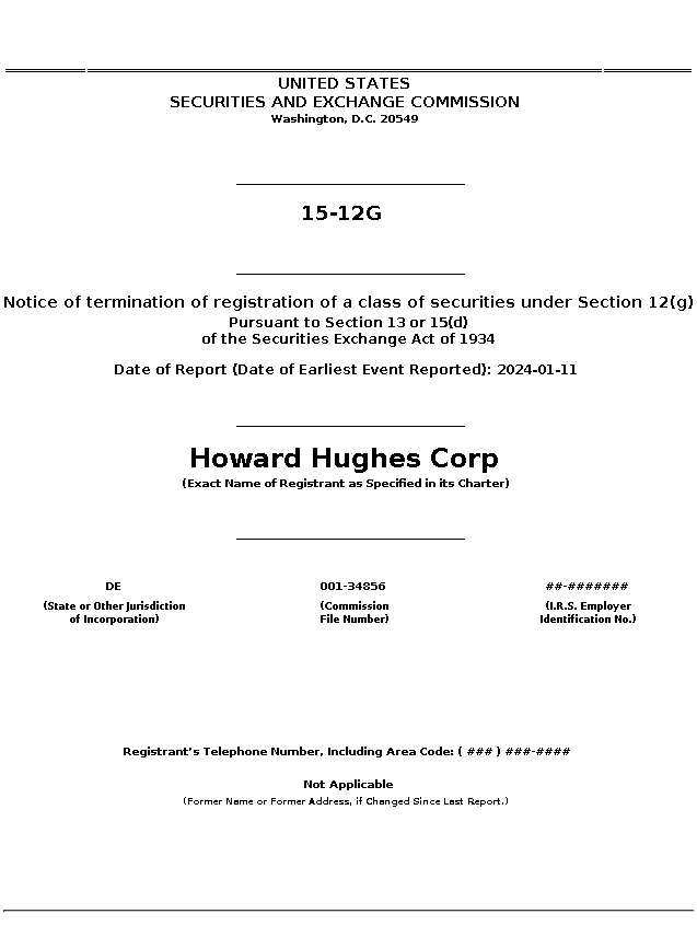 HHH : 15-12G Notice of termination of registration of a class of securities under Section 12(g)