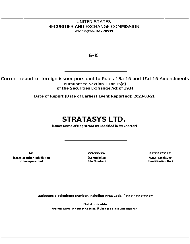 ssys : 6-K Current report of foreign issuer pursuant to Rules 13a-16 and 15d-16 Amendments