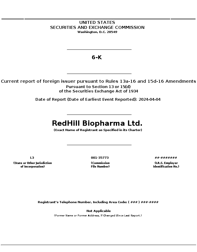 RDHL : 6-K Current report of foreign issuer pursuant to Rules 13a-16 and 15d-16 Amendments