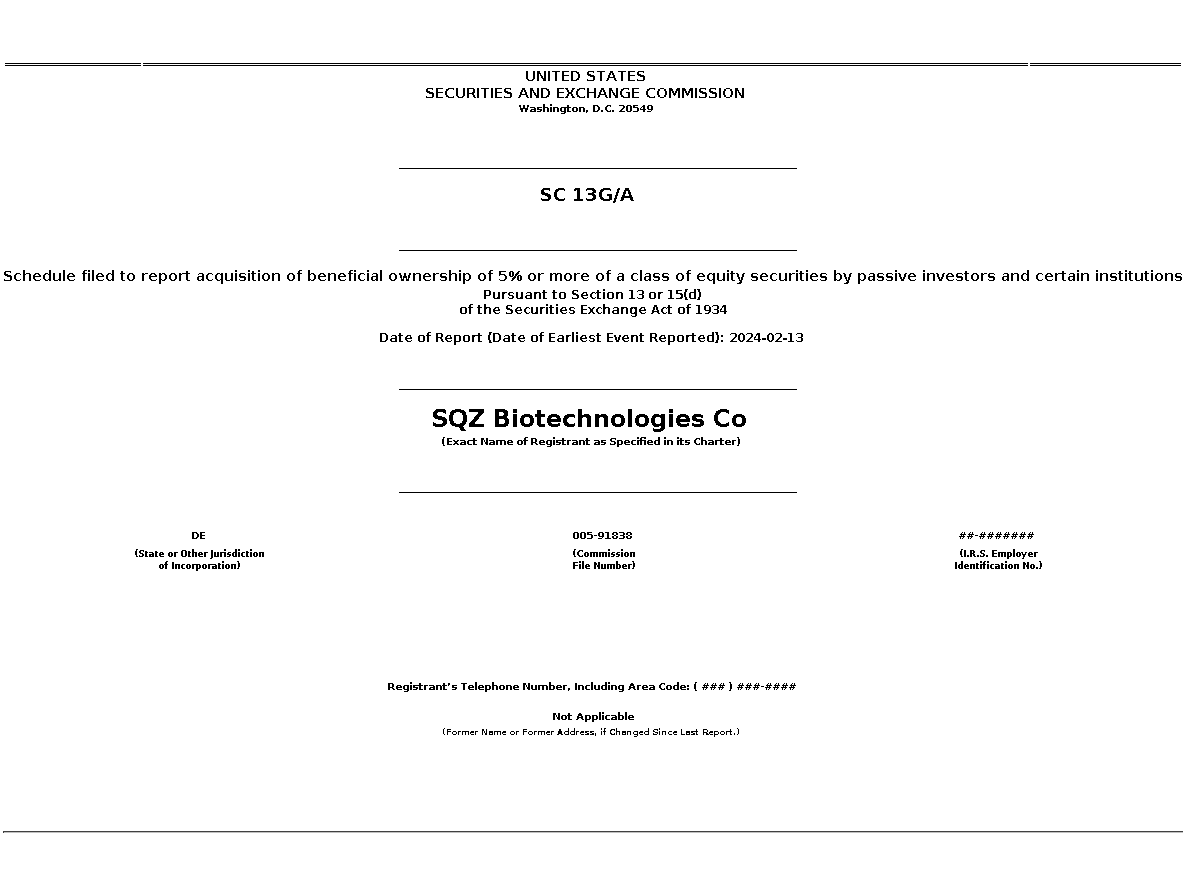 SQZB : SC 13G/A Schedule filed to report acquisition of beneficial ownership of 5% or more of a class of equity securities by passive investors and certain institutions