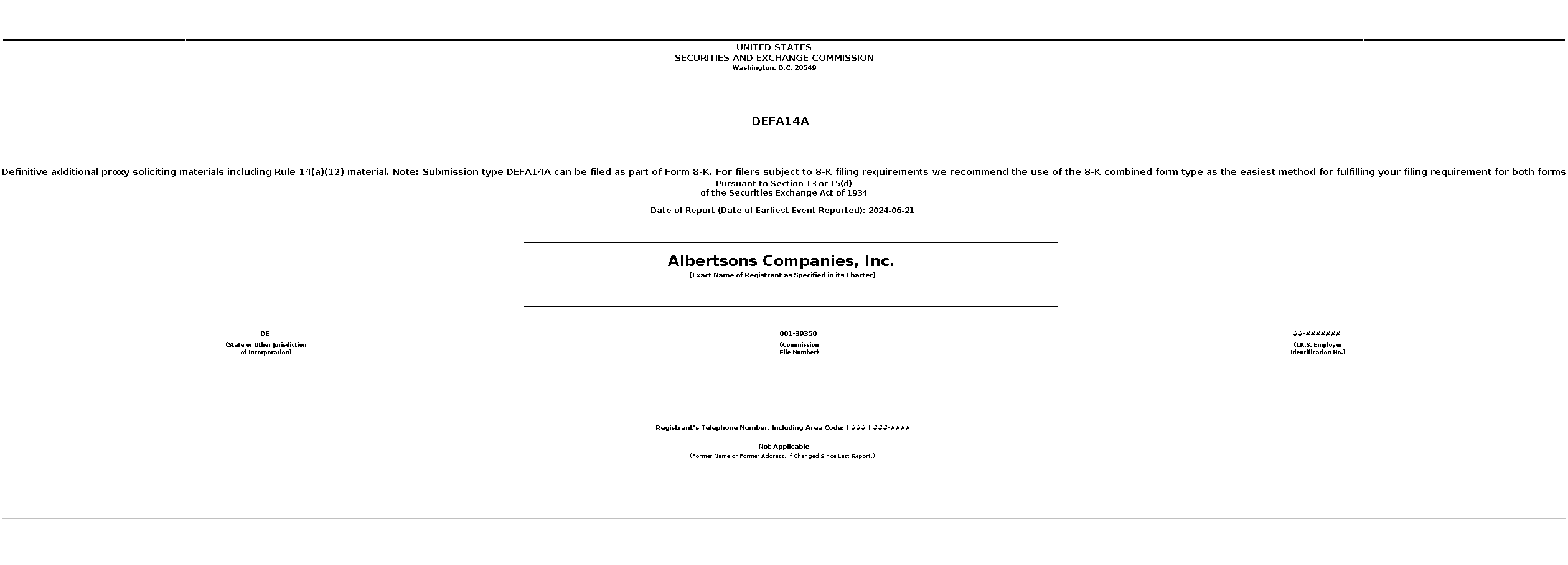 aci : DEFA14A Definitive additional proxy soliciting materials including Rule 14(a)(12) material. Note: Submission type DEFA14A can be filed as part of Form 8-K. For filers subject to 8-K filing requirements we recommend the use of the 8-K combined form type as the easiest method for fulfilling your filing requirement for both forms