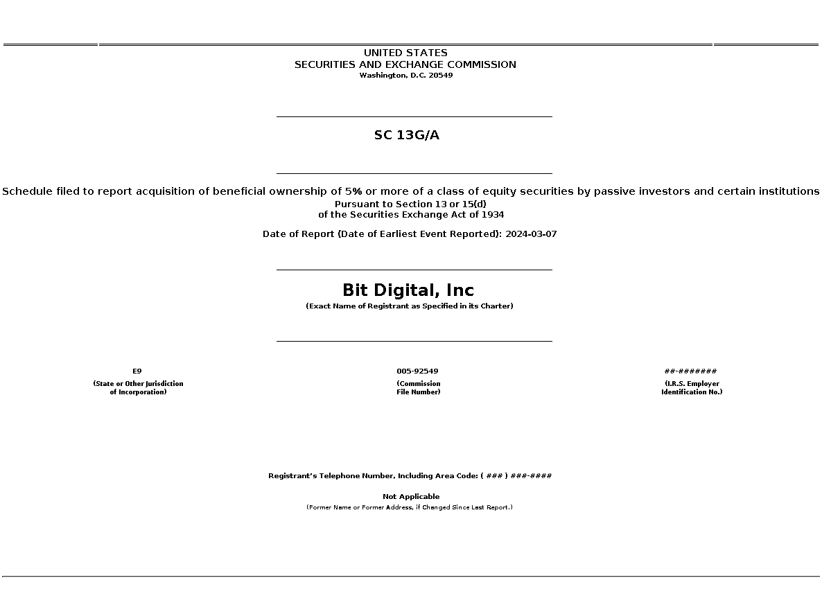 BTBT : SC 13G/A Schedule filed to report acquisition of beneficial ownership of 5% or more of a class of equity securities by passive investors and certain institutions