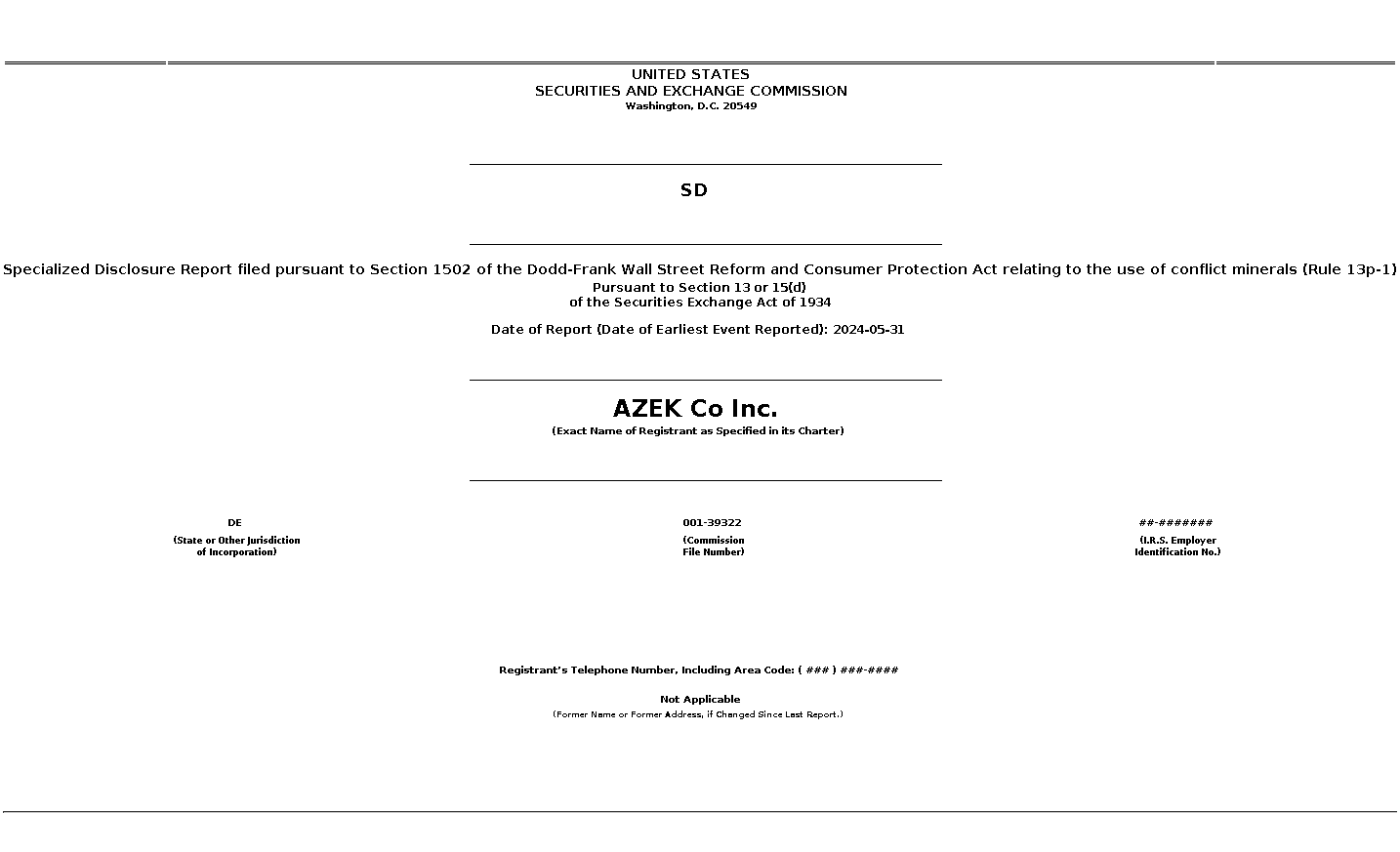 azek : SD Specialized Disclosure Report filed pursuant to Section 1502 of the Dodd-Frank Wall Street Reform and Consumer Protection Act relating to the use of conflict minerals (Rule 13p-1)