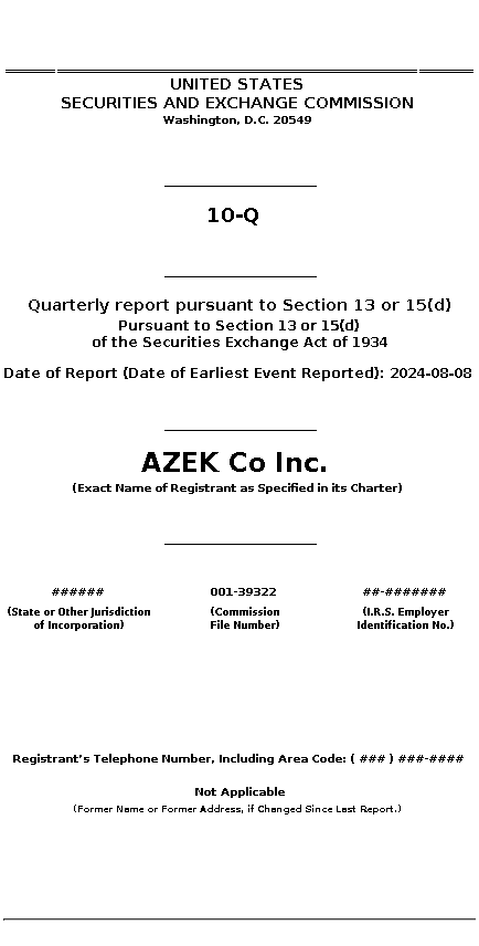 azek : 10-Q Quarterly report pursuant to Section 13 or 15(d)