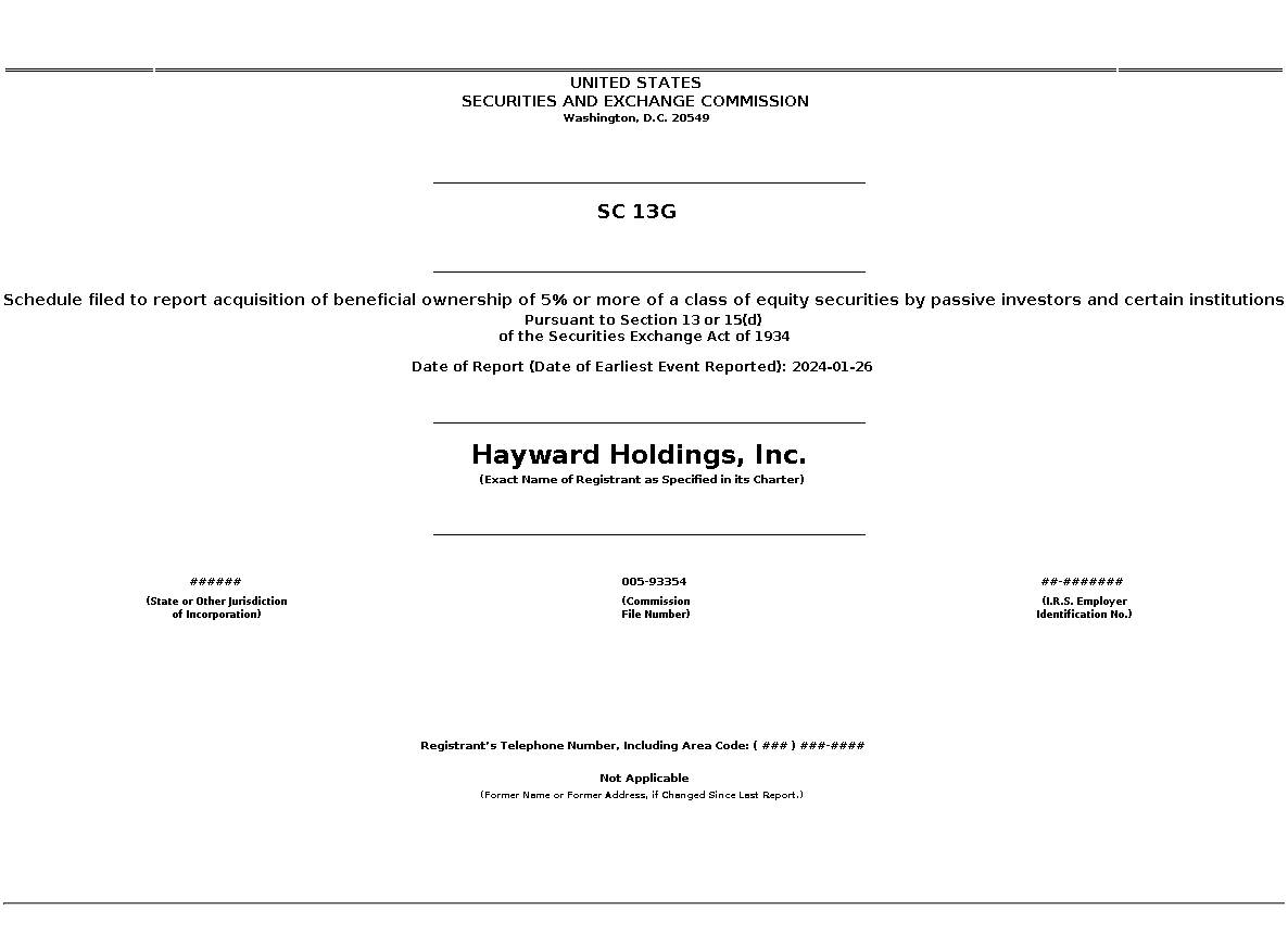 HAYW : SC 13G Schedule filed to report acquisition of beneficial ownership of 5% or more of a class of equity securities by passive investors and certain institutions