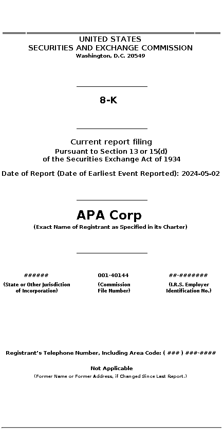 APA : 8-K Current report filing